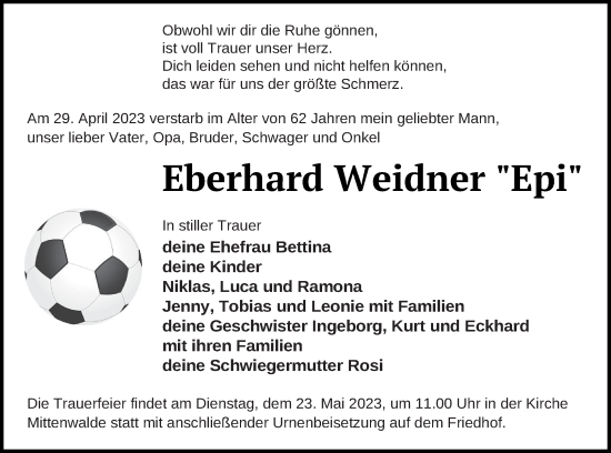 Traueranzeige von Eberhard Weidner von Templiner Zeitung