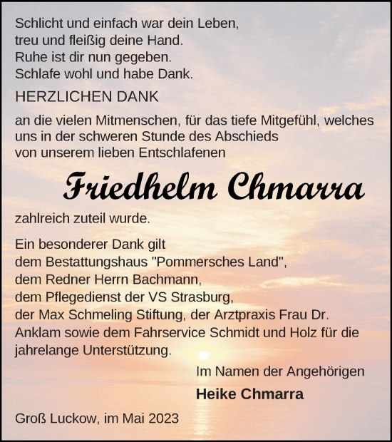 Traueranzeige von Friedhelm Chmarra von Pasewalker Zeitung