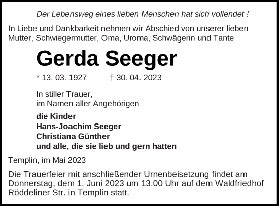 Traueranzeige von Gerda Seeger von Templiner Zeitung