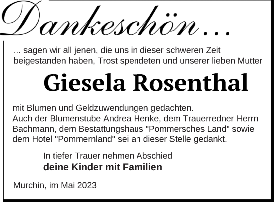 Traueranzeige von Giesela Rosenthal von Vorpommern Kurier