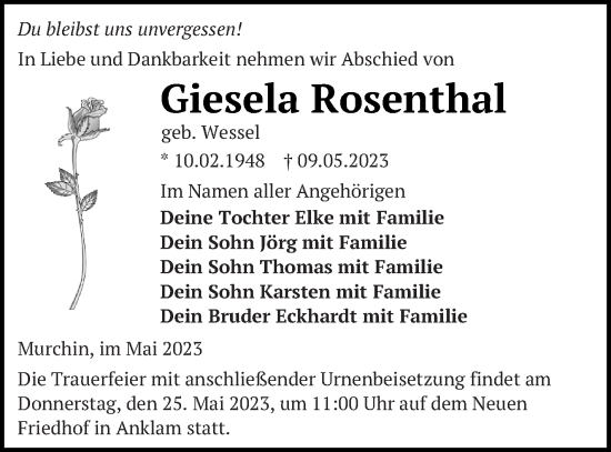 Traueranzeige von Giesela Rosenthal von Vorpommern Kurier