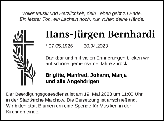 Traueranzeige von Hans-Jürgen Bernhardi von Müritz-Zeitung