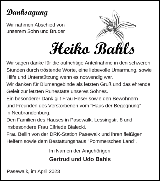 Traueranzeige von Heiko Bahls von Pasewalker Zeitung