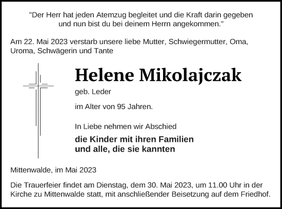 Traueranzeige von Helene Mikolajczak von Templiner Zeitung