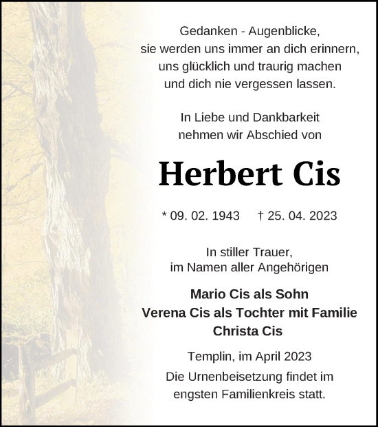 Traueranzeige von Herbert Cis von Templiner Zeitung