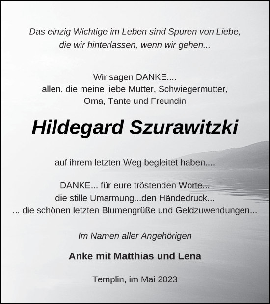 Traueranzeige von Hildegard Szurawitzki von Templiner Zeitung