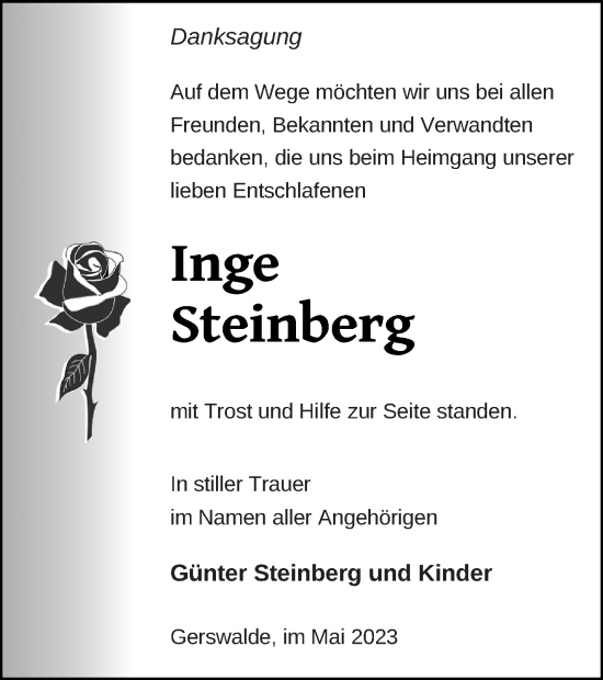Traueranzeige von Inge Steinberg von Prenzlauer Zeitung