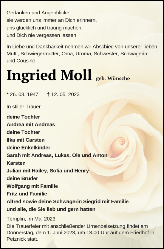 Traueranzeige von Ingried Moll von Templiner Zeitung