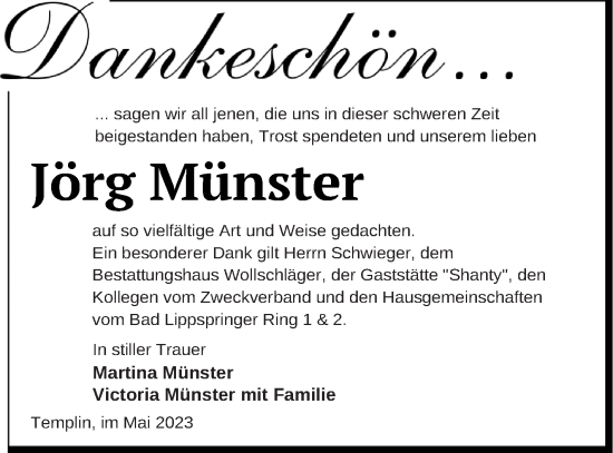 Traueranzeige von Jörg Münster von Templiner Zeitung