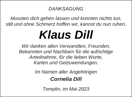 Traueranzeige von Klaus Dill von Templiner Zeitung