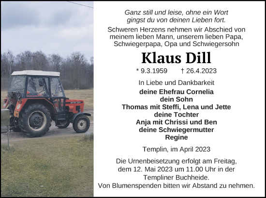 Traueranzeige von Klaus Dill von Templiner Zeitung