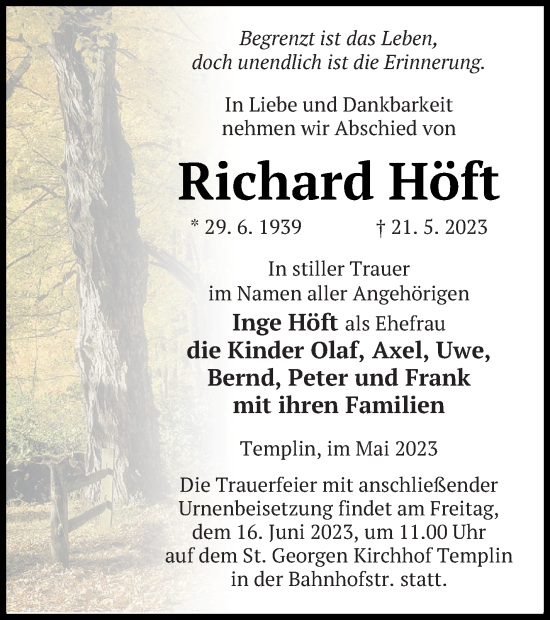 Traueranzeige von Richard Höft von Templiner Zeitung