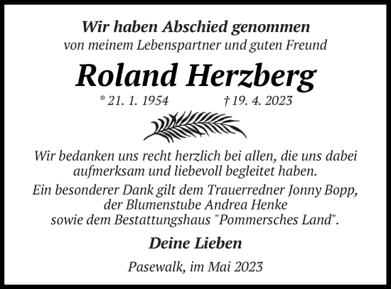 Traueranzeige von Roland Herzberg von Pasewalker Zeitung