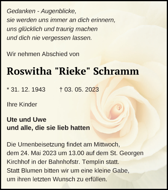 Traueranzeige von Roswitha Schramm von Templiner Zeitung