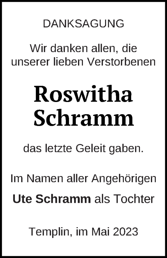 Traueranzeige von Roswitha Schramm von Templiner Zeitung