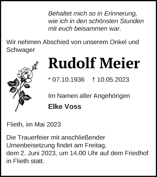 Traueranzeige von Rudolf Meier von Templiner Zeitung