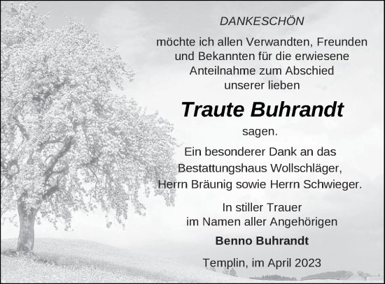 Traueranzeige von Traute Buhrandt von Templiner Zeitung