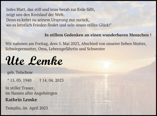 Traueranzeige von Ute Lemke von Templiner Zeitung