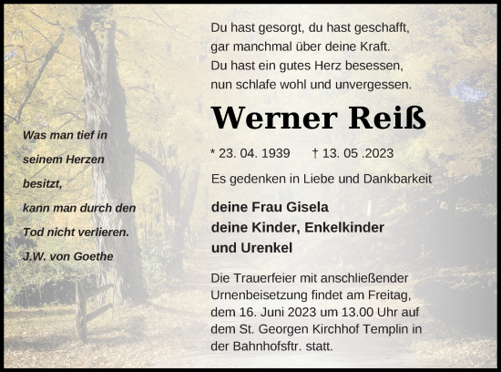 Traueranzeige von Werner Reiß von Prenzlauer Zeitung