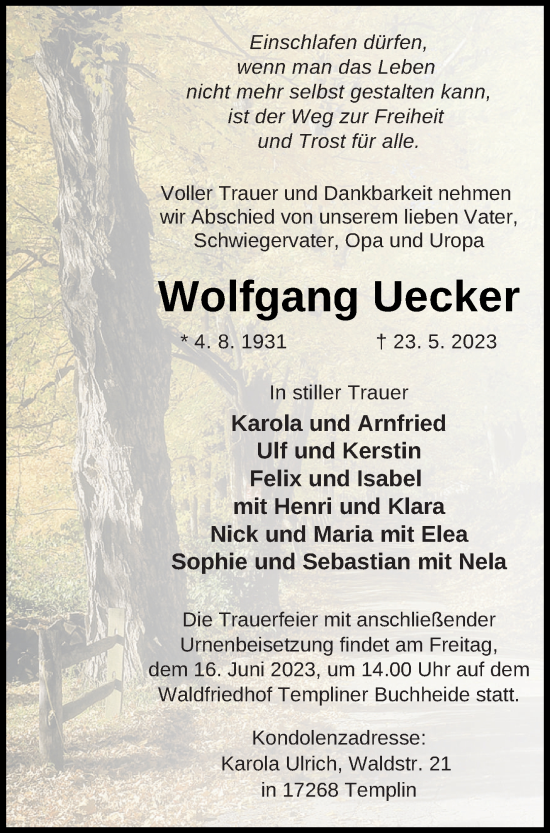 Traueranzeige von Wolfgang Uecker von Pasewalker Zeitung