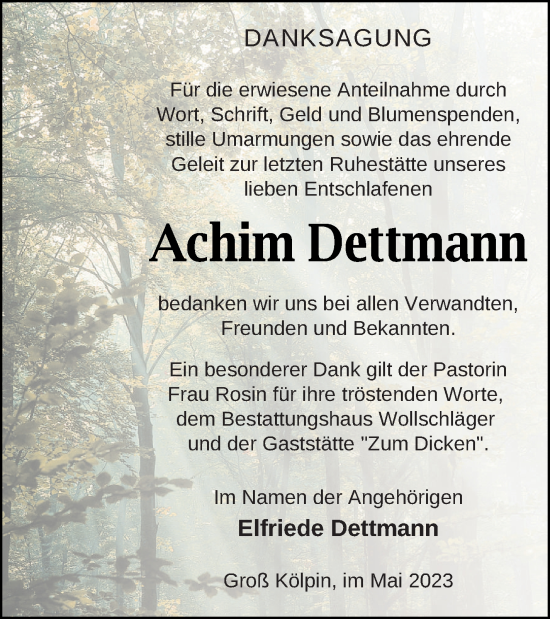 Traueranzeige von Achim Dettmann von Templiner Zeitung