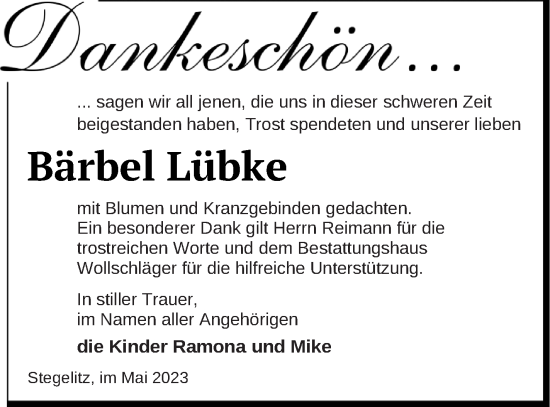 Traueranzeige von Bärbel Lübke von Templiner Zeitung
