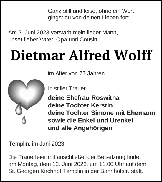 Traueranzeige von Dietmar Alfred Wolff von Templiner Zeitung