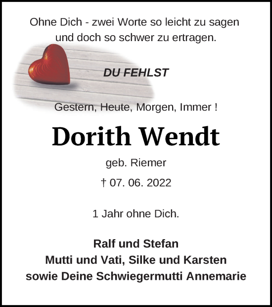Traueranzeige von Dorith Wendt von Müritz-Zeitung