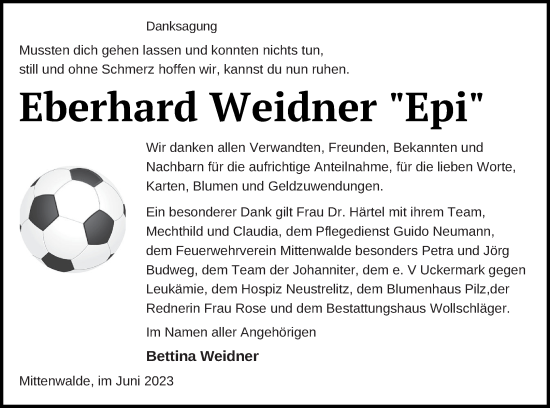 Traueranzeige von Eberhard Weidner von Templiner Zeitung