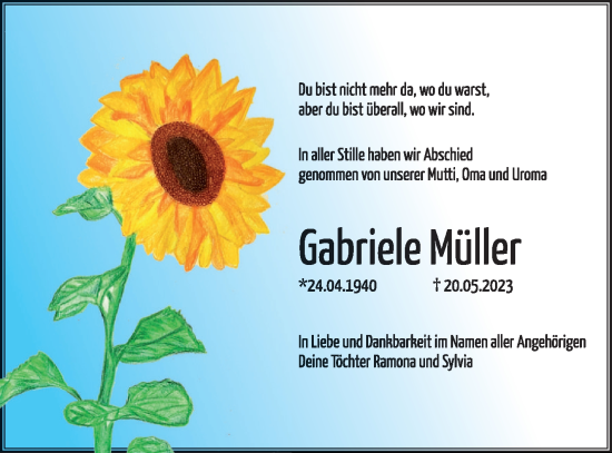 Traueranzeige von Gabriele Müller von Templiner Zeitung