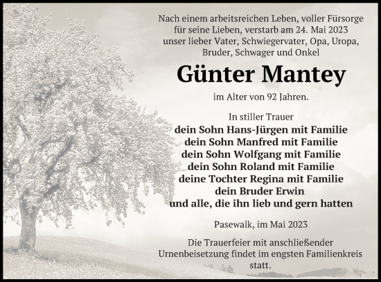 Traueranzeige von Günter Mantey von Pasewalker Zeitung