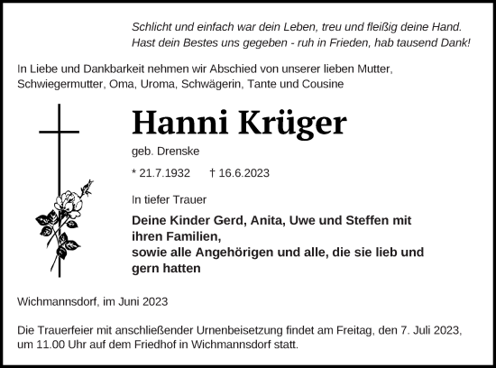 Traueranzeige von Hanni Krüger von Templiner Zeitung