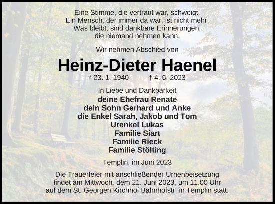 Traueranzeige von Heinz-Dieter Haenel von Templiner Zeitung