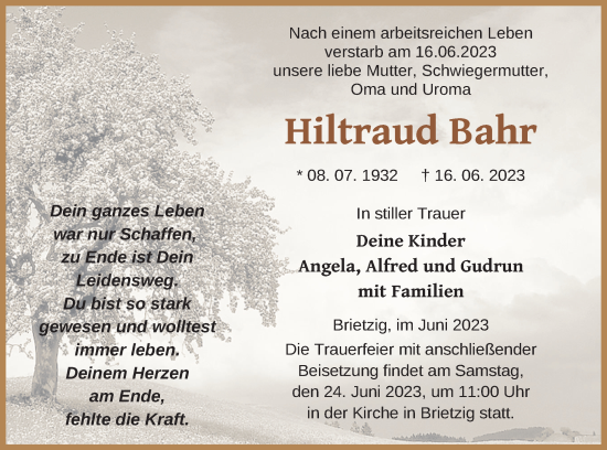 Traueranzeige von Hiltraud Bahr von Pasewalker Zeitung