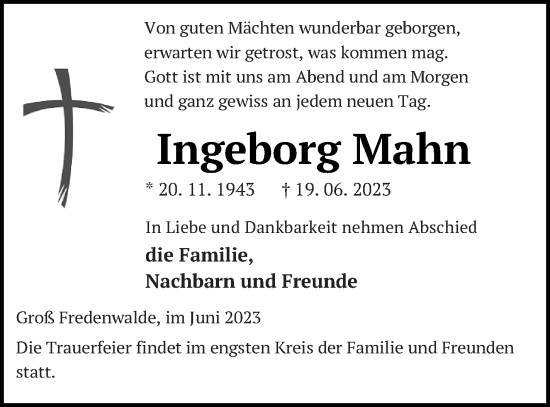 Traueranzeige von Ingeborg Mahn von Templiner Zeitung