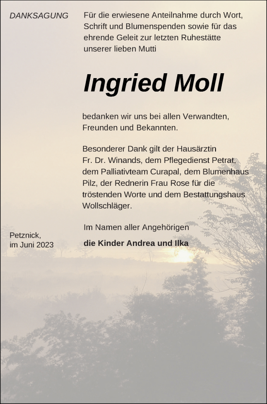 Traueranzeige von Ingried Moll von Templiner Zeitung