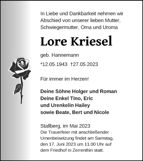 Traueranzeige von Lore Kriesel von Pasewalker Zeitung