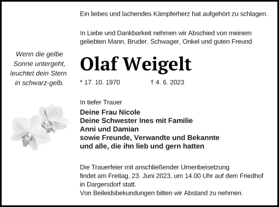 Traueranzeige von Olaf Weigelt von Templiner Zeitung