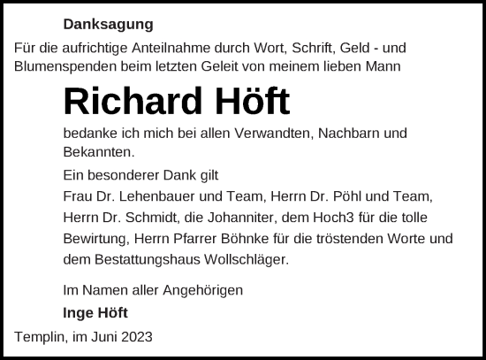 Traueranzeige von Richard Höft von Templiner Zeitung