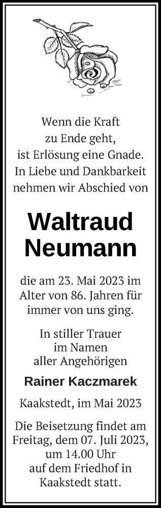 Traueranzeige von Waltraud Neumann von Templiner Zeitung