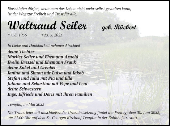 Traueranzeige von Waltraud Seiler von Templiner Zeitung