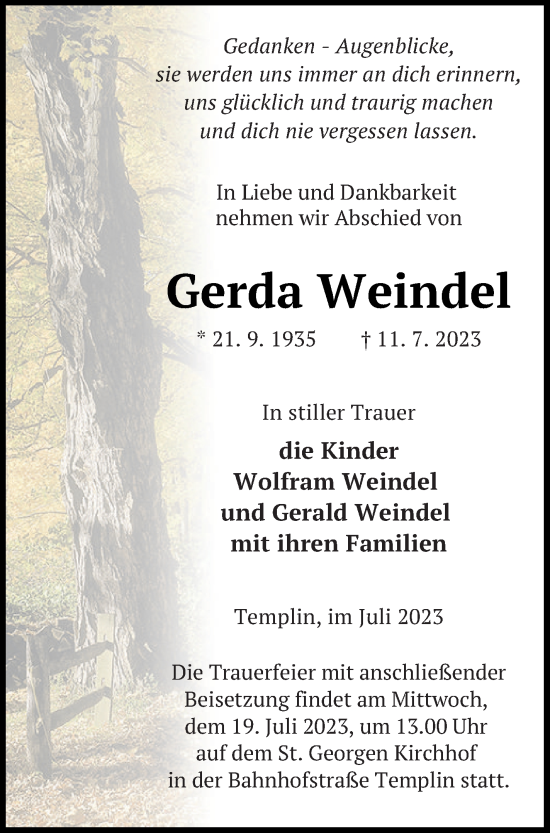 Traueranzeige von Gerda Weindel von Templiner Zeitung