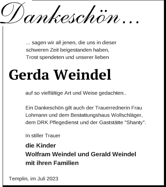 Traueranzeige von Gerda Weindel von Templiner Zeitung