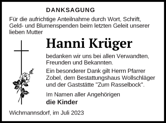 Traueranzeige von Hanni Krüger von Templiner Zeitung