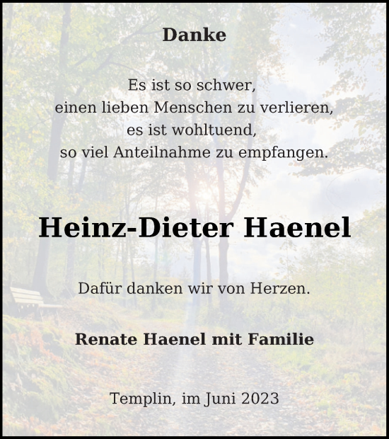 Traueranzeige von Heinz-Dieter Haenel von Templiner Zeitung