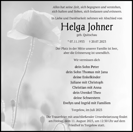 Traueranzeige von Helga Johner von Haff-Zeitung