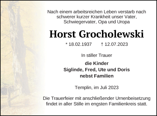 Traueranzeige von Horst Grocholewski von Templiner Zeitung