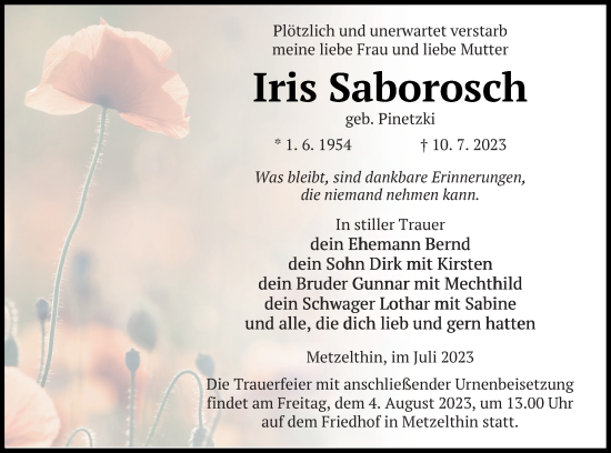 Traueranzeige von Iris Saborosch von Templiner Zeitung