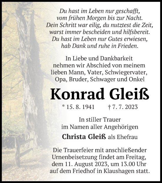 Traueranzeige von Konrad Gleiß von Templiner Zeitung