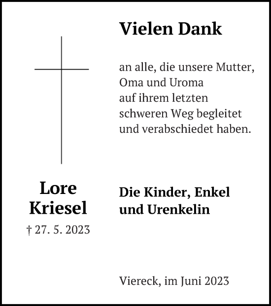 Traueranzeige von Lore Kriesel von Pasewalker Zeitung